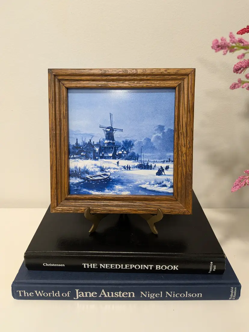 Framed Vintage Delft Blue Windmill Ceramic Tile(Holland 1984)