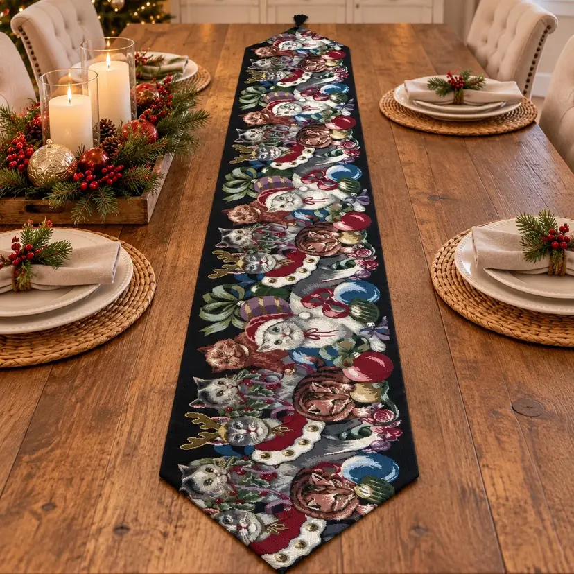 Vintage Style Christmas Cat Tapestry Table Runner 69.5” Holiday Cats Tassels