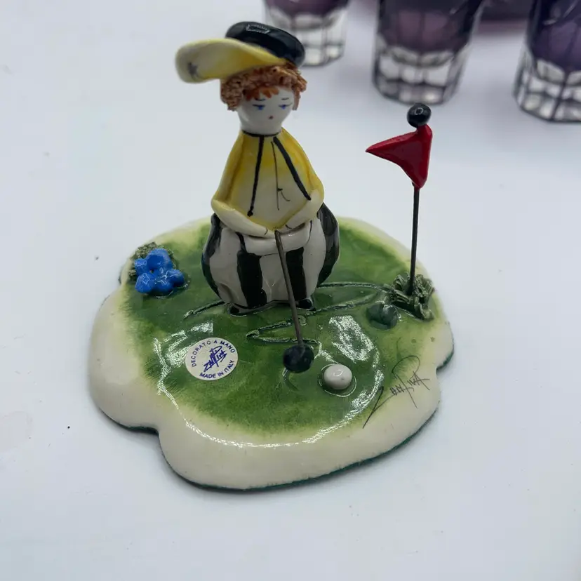 Zampiva Figurine Fun Spaghetti Hair PGA Golfer Signed Italy Yellow Shirt & Hat
