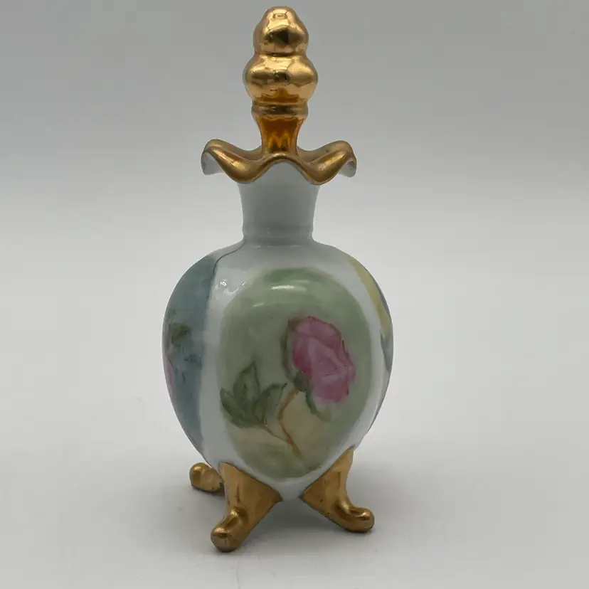 Vintage Porcelain Perfume Bottle With Hand Painted Floral Motif