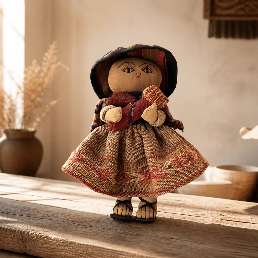 Peruvian Folk Art Doll of Mother w/ Baby Dressed in So Amer Indigenous Cloth