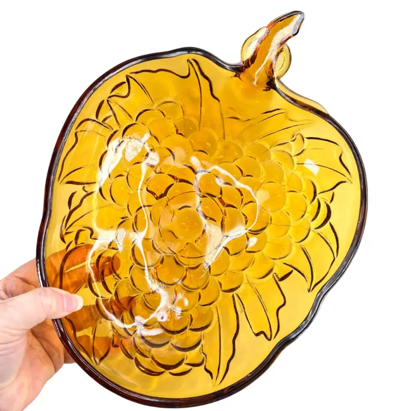 Indiana Glass Amber Color Serving Bowl. Grape Shaped w Grape Design Embossed On Bottom. Very 70s Decor.