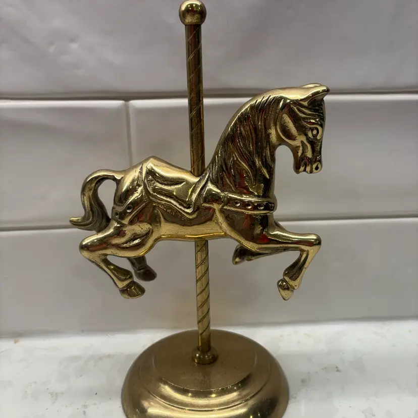 Vintage Solid Brass Carousel Horse Figurine on Pole & Round Base 8in Decor