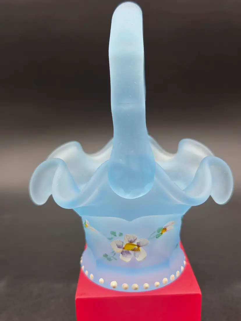 Fenton Miniature Hand-painted Blue Flowers Art Glass Basket Frosted Signed 4.5"