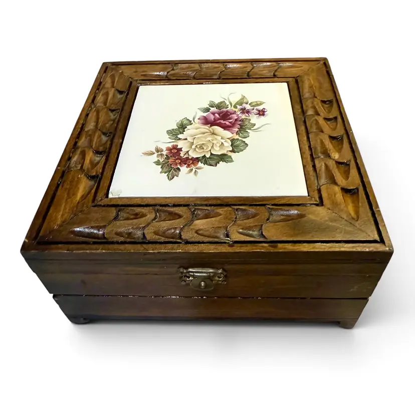 Vintage Handmade Carved Wooden Trinket Jewelry Box with Tile Inlay Roses - MEXICO