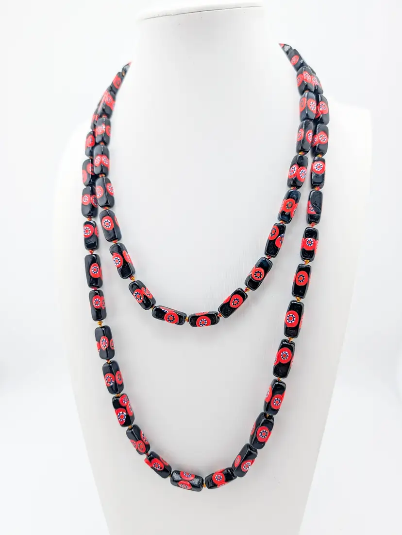 Vintage 44 Inch Millefiori Glass Bead Hand Knotted Necklace with Barrel Clasp
