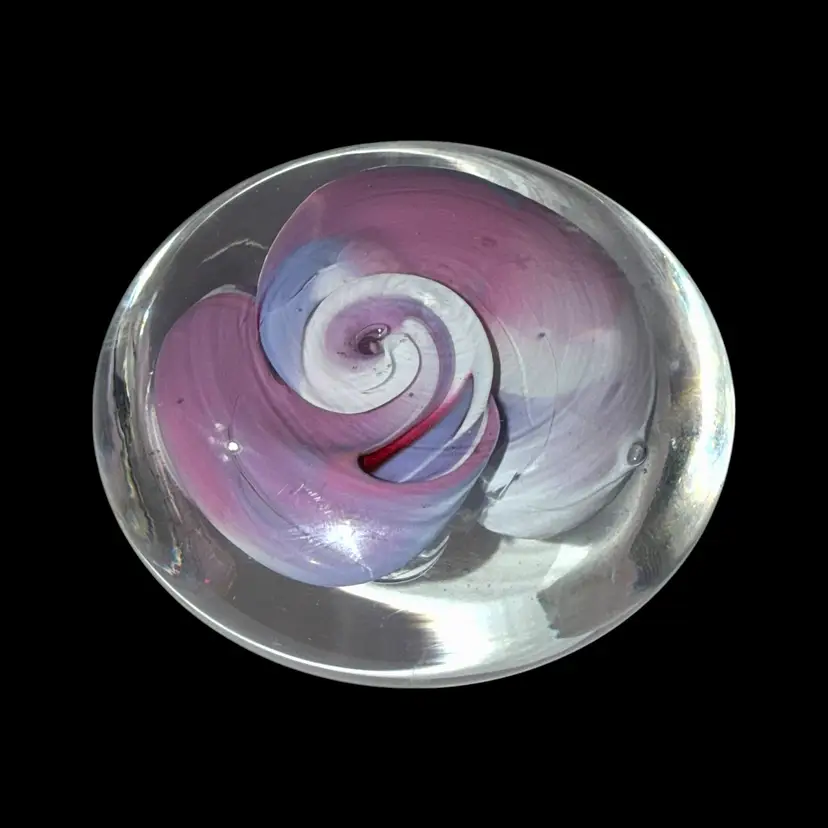 RARE Beautiful Jim Karg Pink Lavender White Hand Blown Glass Paperweight Signed