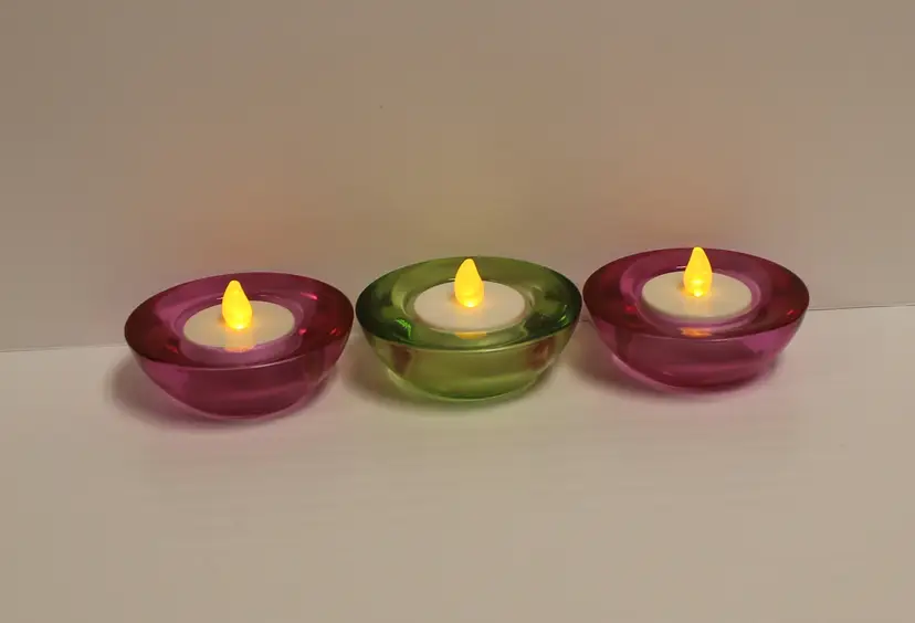 Vintage Set of Vibrant 2 Pink and 1 green heavy glass tealight votive holders