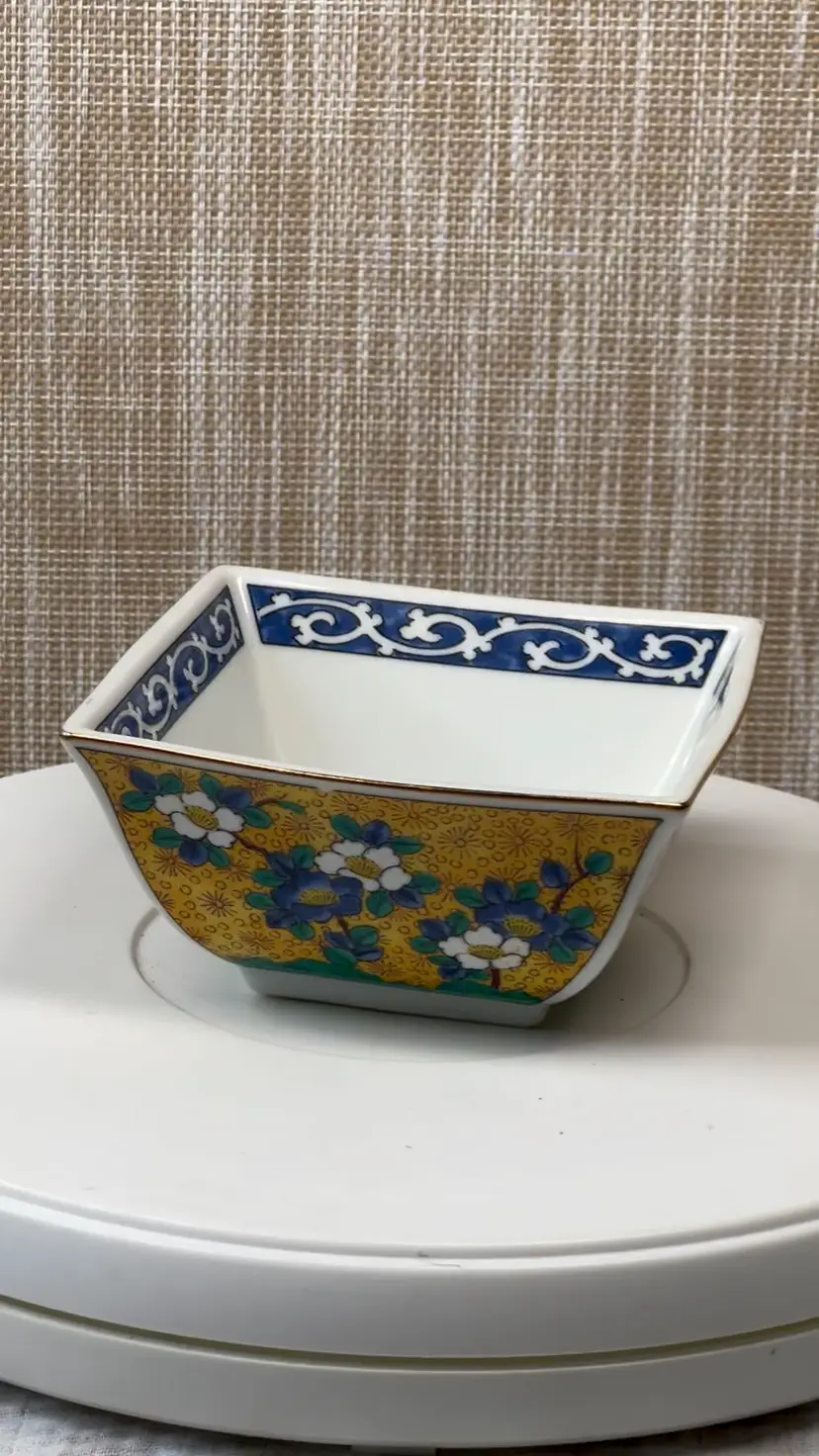 014 Vintage Ceramic Takahashi Kutani Square 4.75" X 4.75" X 2" Blue And Rust Rice Bowl