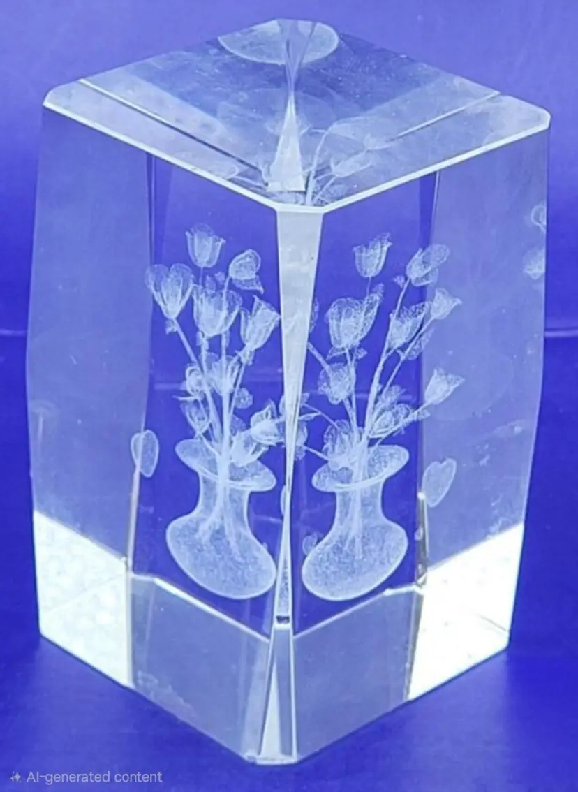 3D Laser Engraved Crystal Floral Keepsake – 3.5" Optical Crystal Block with Vase Design