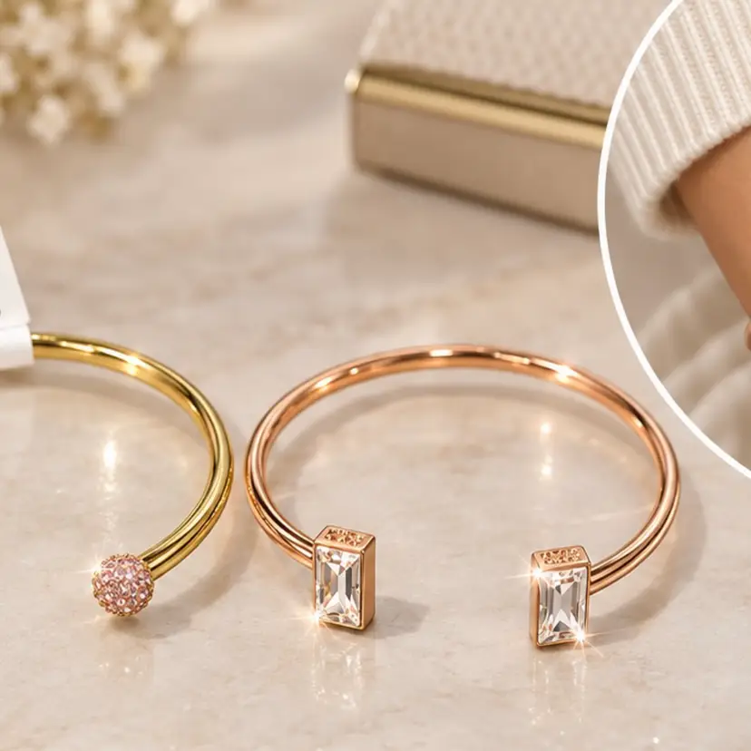$72 Nordstrom Sequin Set Of 2 Gold Crystal Bracelet Cuff Pink Clear Sparkly Bling