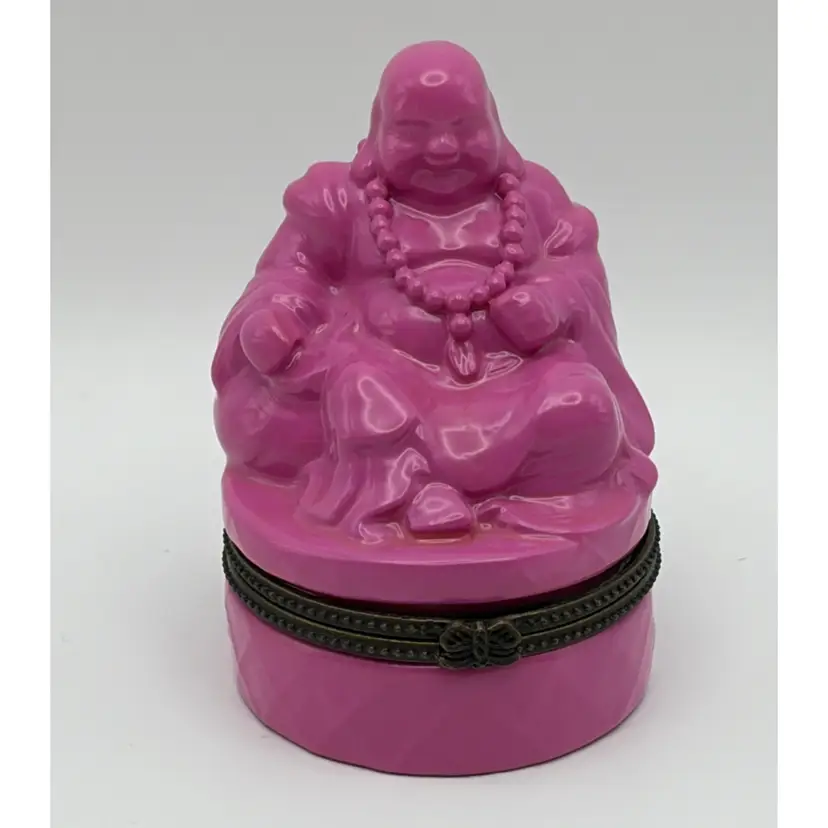 Pink Ceramic Buddha Mini Hinged Trinket Box - Yin-Yang Symbol Glued to Inside