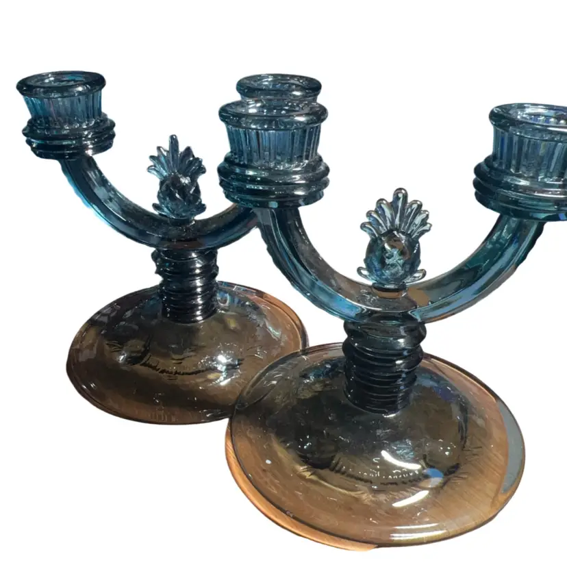 Pair of Vintage Fenton Pineapple Candlesticks Candle Holders Colonial Blue Double