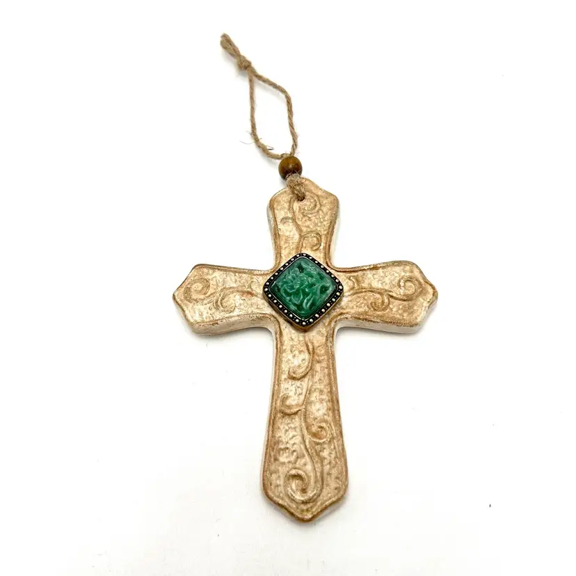 Ceramic Cross Ornament Repurposed Jewelry Green Made By Me 5.5” L X 3.5” W