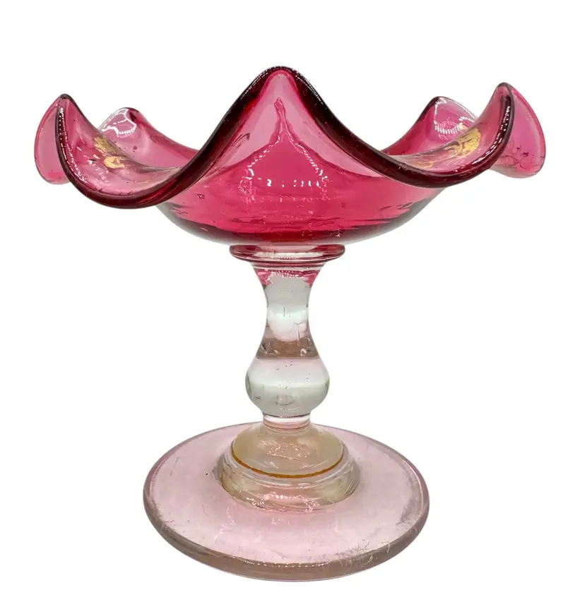 Antique Handblown Glass Pedestal Compote Dish Cranberry Pink Gold Ruffle 4”