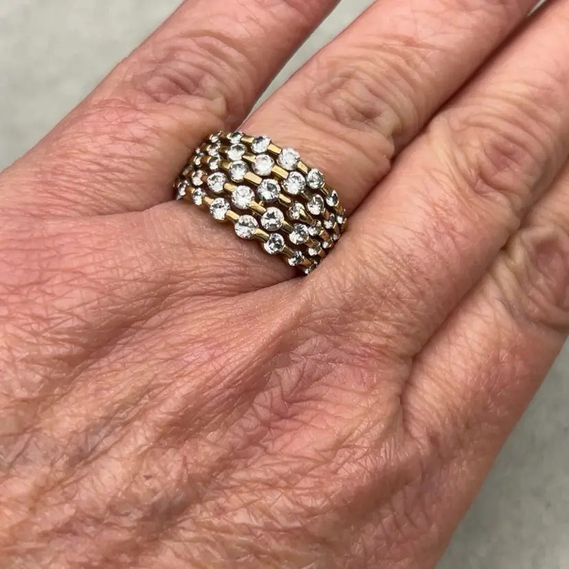 Vintage Style Gold Tone Multi Row Rhinestone Cocktail Ring Size 8