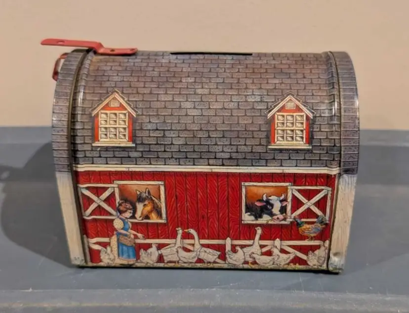 Vintage Barn Farm Animal Decorative Tin Coin Bank Mailbox