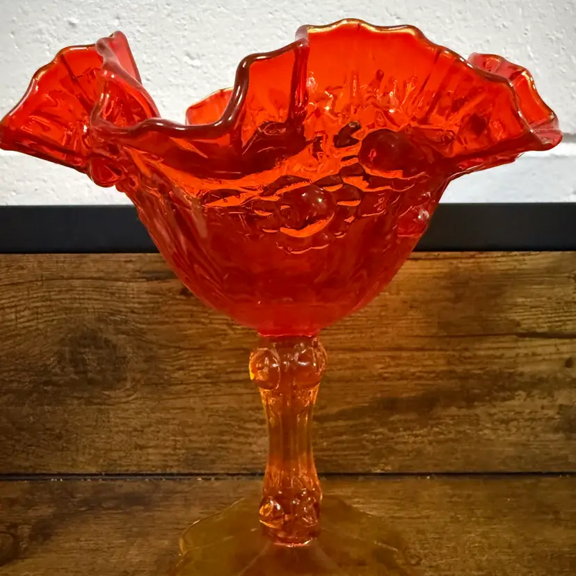 Vintage Amberina Cadmium Glass Compote Ruffled Grape Pedestal Bowl Glows UV