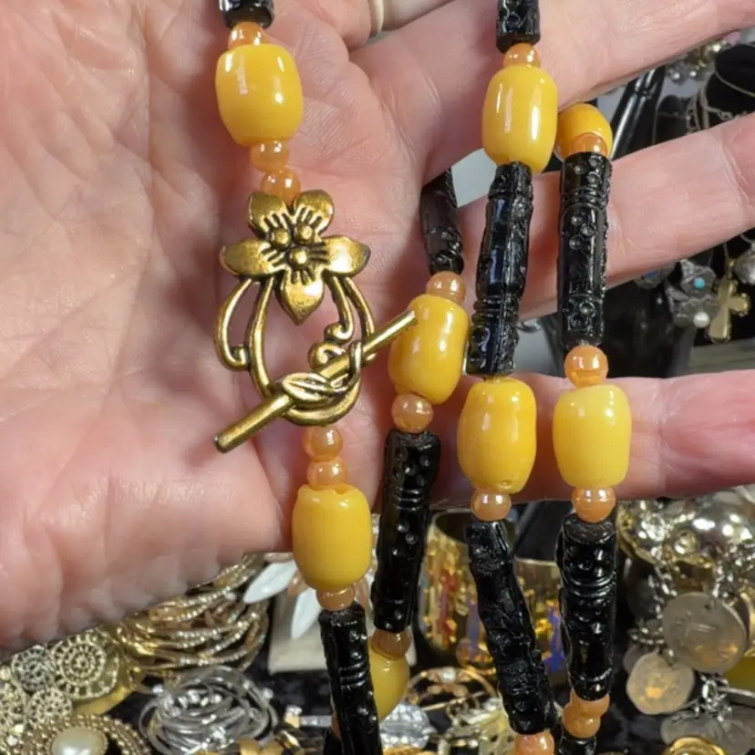 Artisan Faux Amber Bead Necklace 34”
