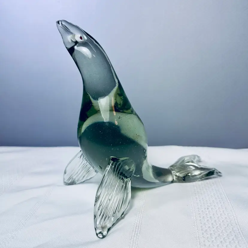 Vintage Mexican Hand Blown Art Glass Seal Figurine Green Tint Sea Lion Handmade