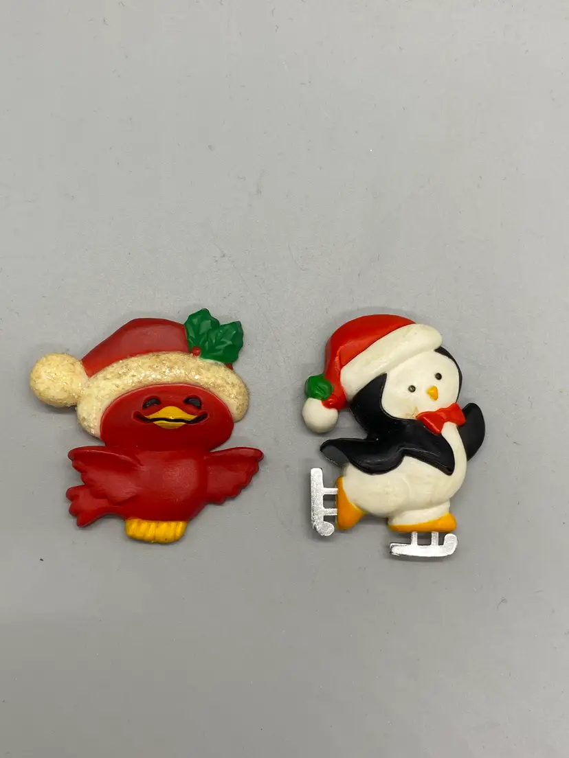 2 Vintage Hallmark Red Cardinal Skating Penguin Converted Pin to Magnets