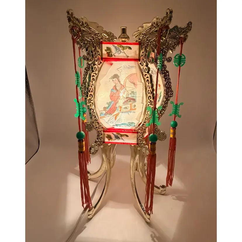 Vintage Asian 1960s Electric “Oriental Love Lamp” Fabric Tassels Pagoda 12” Original Box