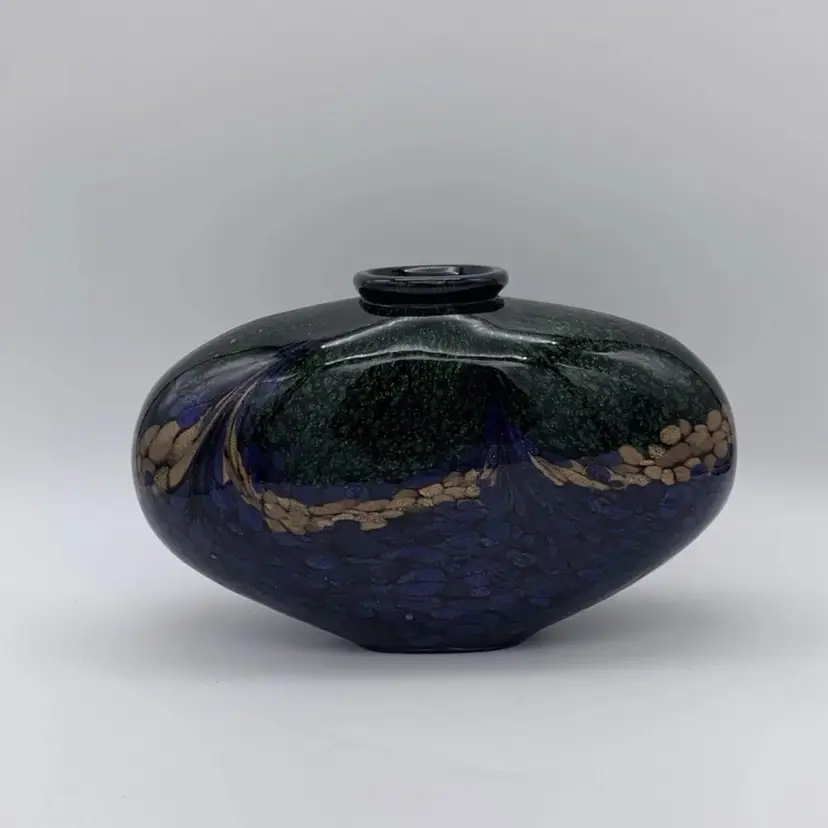Dale Tiffany Style Heavy Squat Vase Mouth Blown Colorful Peacock Gold Accent