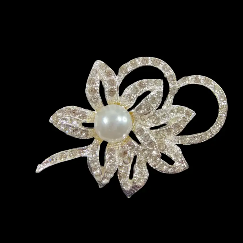 Silver Tone Rhinestone Flower Brooch with Faux Pearl 2.25”
