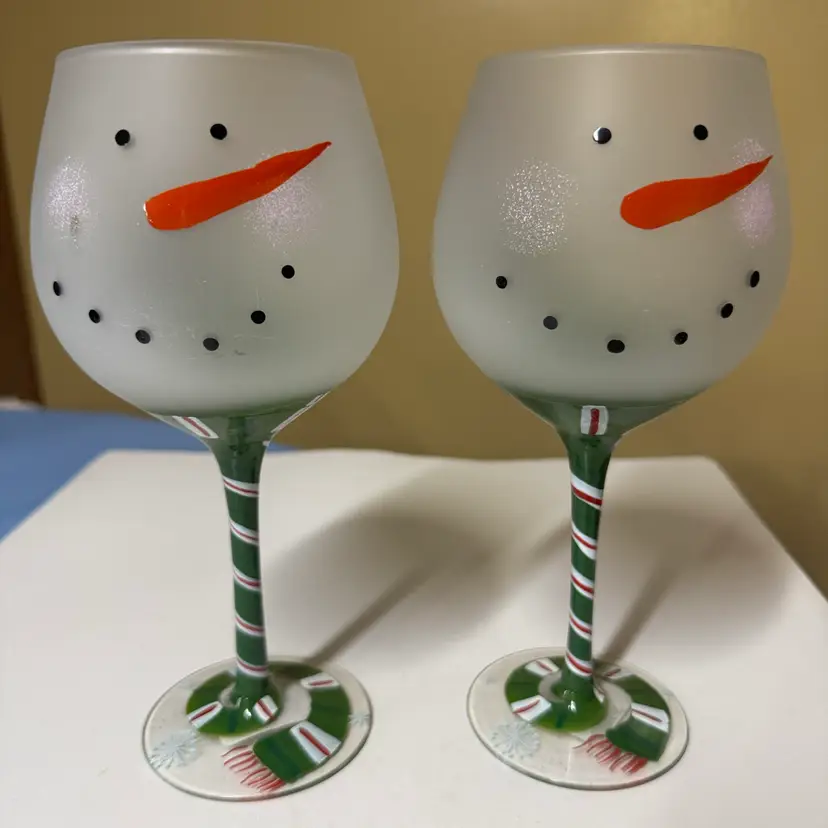 Pier 1 Imports Christmas Wine Glasses Hand Painted Holiday Snowman 8.75” tall