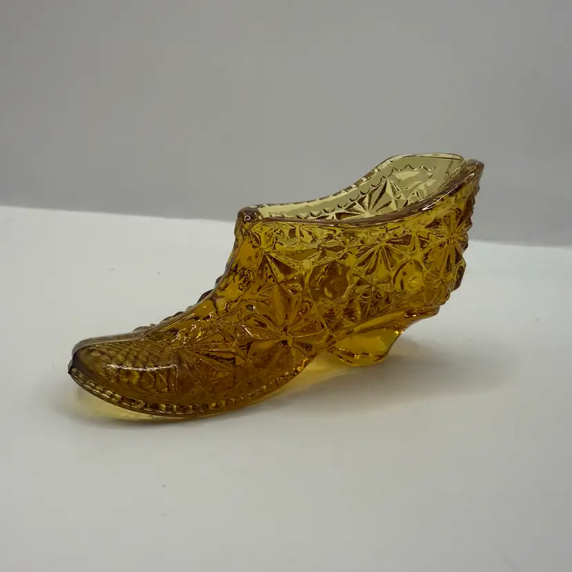 LG Wright Miniature Amber Daisy & Button Glass Shoe 3”
