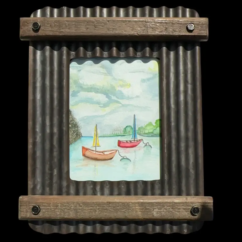“The Boats” Nautical Coastal Theme 5”x7” Original Watercolor In 9.5”x11.5”Rustic Metal And Wood Frame