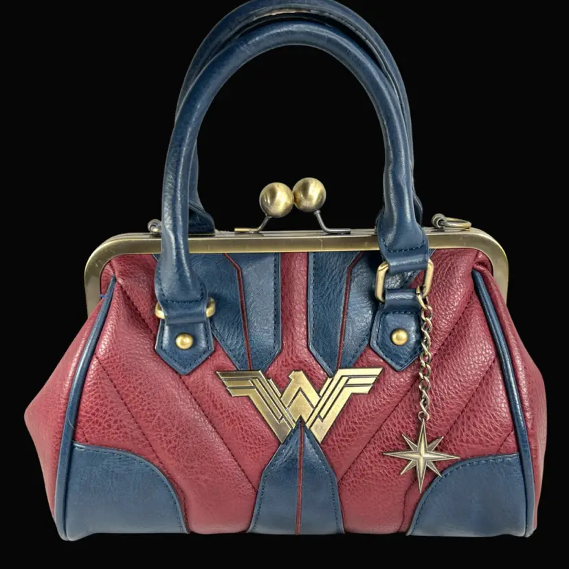 Wonder Woman Official DC Comics Dark Burgundy Red & Blue Faux Leather Kiss-Lock Satchel Handbag (2017) w/ Chain Strap from Her Universe store