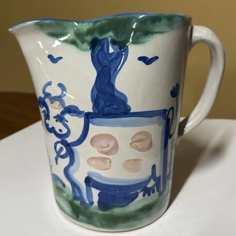 M A Hadley Cow Country Scene Pinch Spout Pitcher 48 Oz Hand Painted 8”