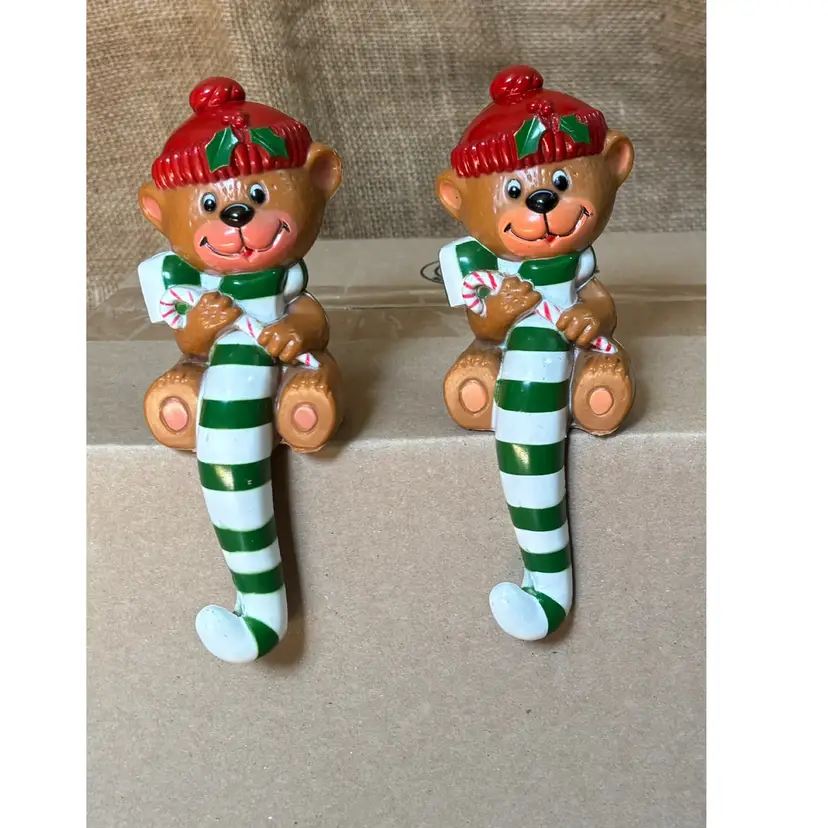 Vintage Teddy Bear Shelf Sitter Stocking Holders Christmas Kitsch Holiday READ