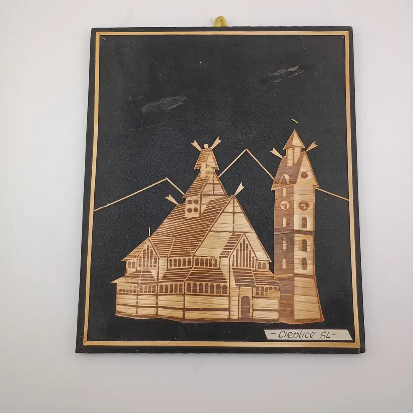 Straw folk art wall plaque of a church
