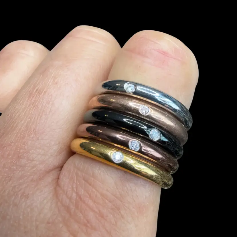 Y2K Stainless Steel 5 Ring Stack Multicolor: Gold, Silver, Copper, Bronze & Black Pave Rhinestone Size 7