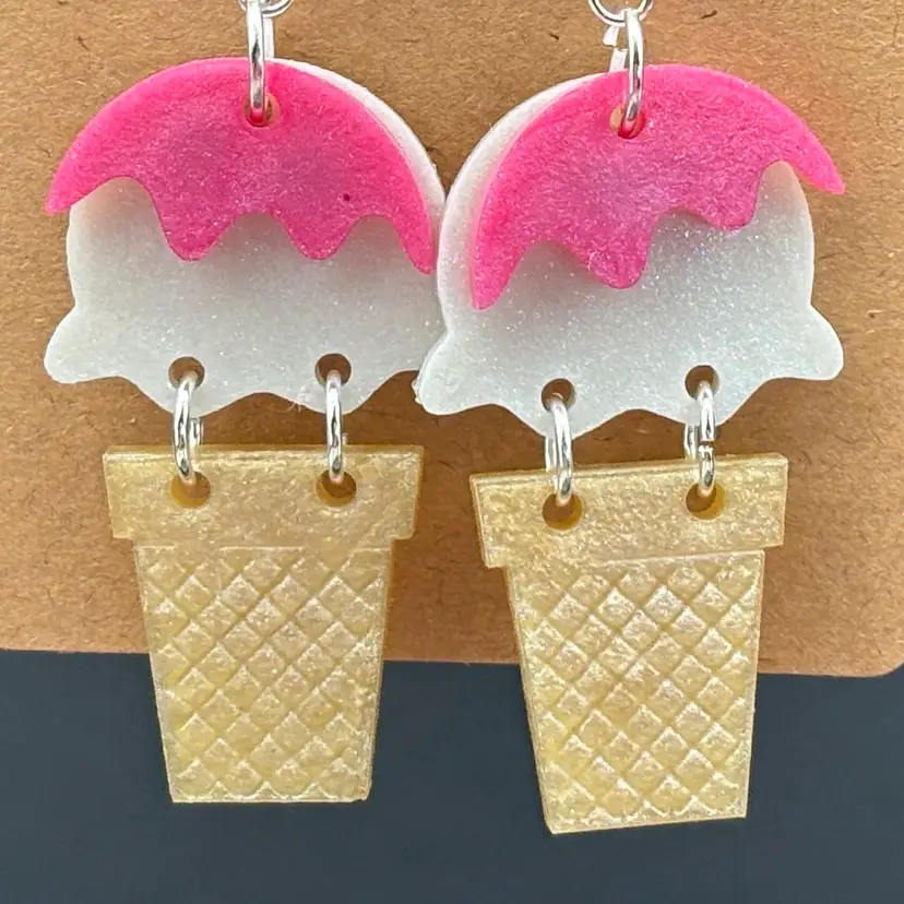 Vanilla With Strawberry Sauce Ice Cream Cone Articulated Dangle Earrings - Made by Me
