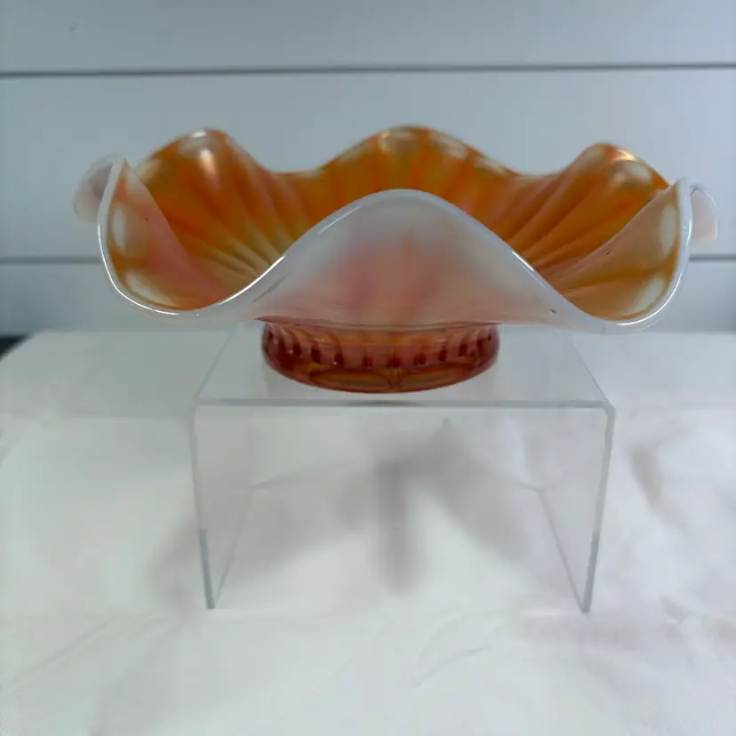 Dugan Carnival Glass Opalescent Stippled Flower Ruffled Dish