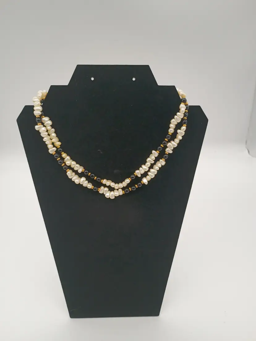 Necklace 32" Faux Freshwater Pearls with Black Faux Pearls and Gold Tone Rondels.