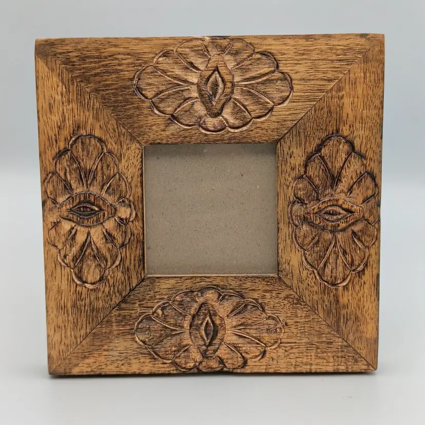 Vtg Carved Mango Wood Picture Photo Frame Boho Raised Relief Mini Square 6.5"