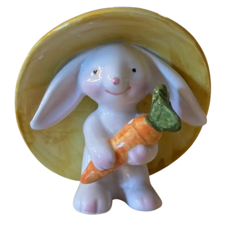 Vintage Napco White Bunny Figurine with Yellow Hat 2.75” Anthropomorphic Kitsch