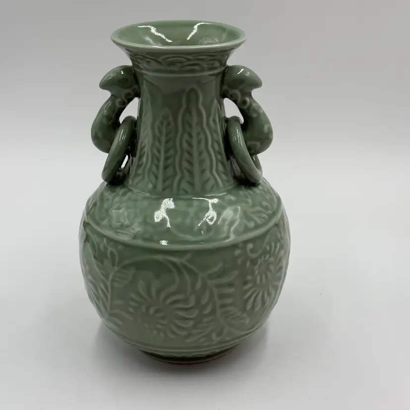 Celedon Elephant Double Handled Andrea By Sadek Chopsticks Vase Floral Pattern