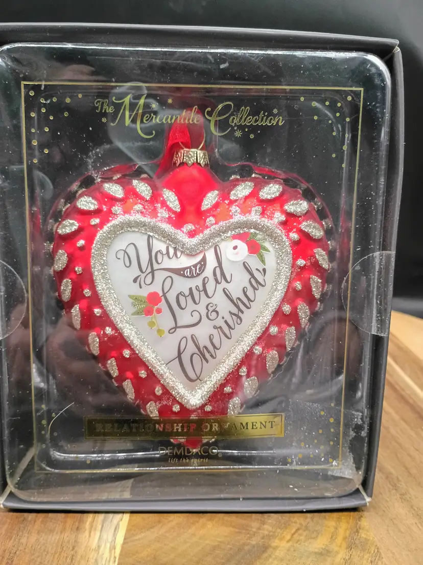 DEMDACO Red Blown Glass HEART Ornament Gold Glitter “You Are Loved & Cherished”.