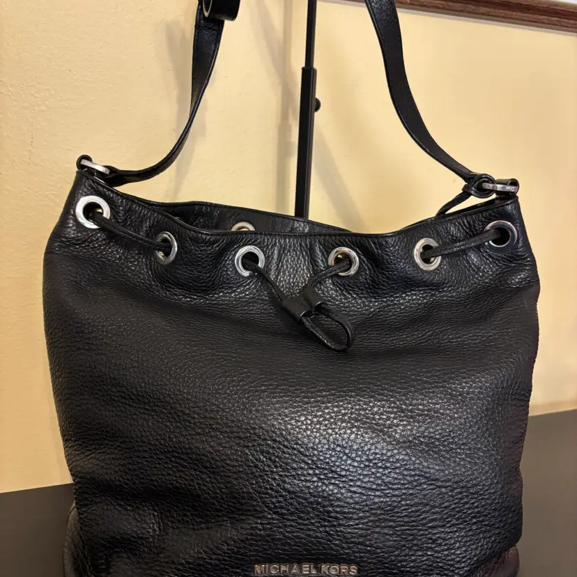 Michael Kors Black Pebbled Leather Drawstring Shoulder Bag