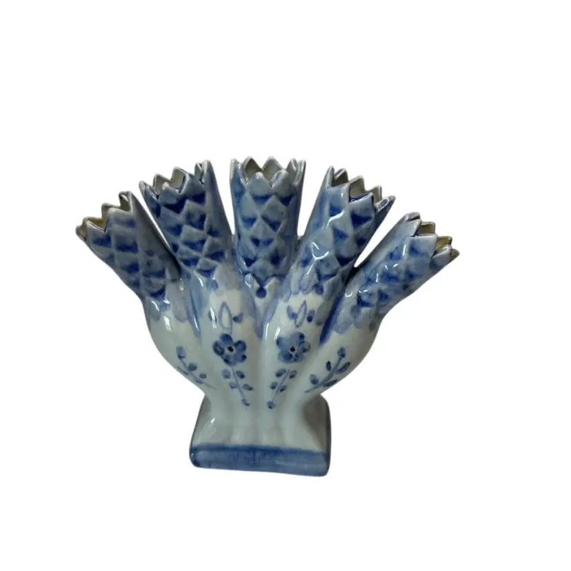 Vintage Hand Painted Tulipier Portuguese 5 Finger Floral Blue And White 4 1/2” Tall Vase