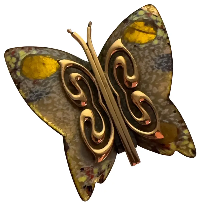 Vintage 1950’s Matisse Renoir Copper And Enamel Butterfly Brooch Signed yellow And Peach