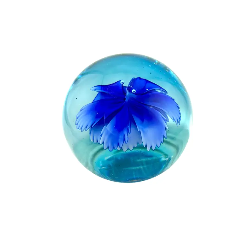 Vintage Blue Flower Paperweight With Viewing Porthole 2.25” Tall x 2.5” Wide