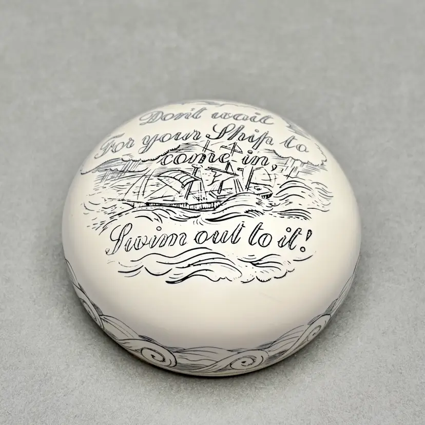 Vintage Baekgaard Ltd. Faux Scrimshaw Resin Nautical Sailing Ship Paperweight
