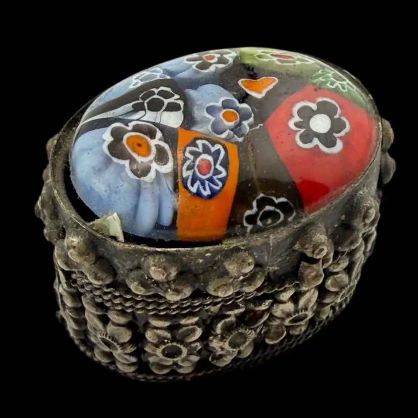 Millefiori Glass Silver Tone Metal Trinket Box 1.6"