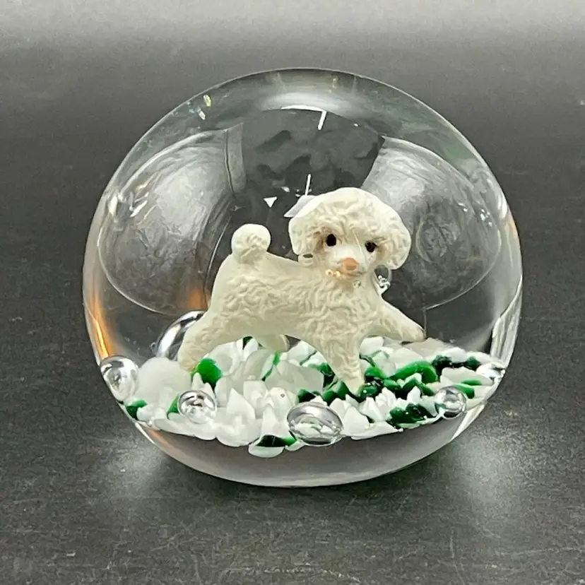 Gibson Glass Sulfide Poodle Dog Puppy Paperweight VTG 1998 Green White Rare